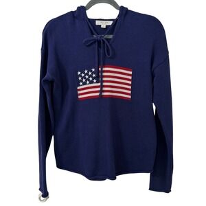 BRIT.NY American Flag Hooded Sweater Womens S Blue 100% Cotton 4th Of July